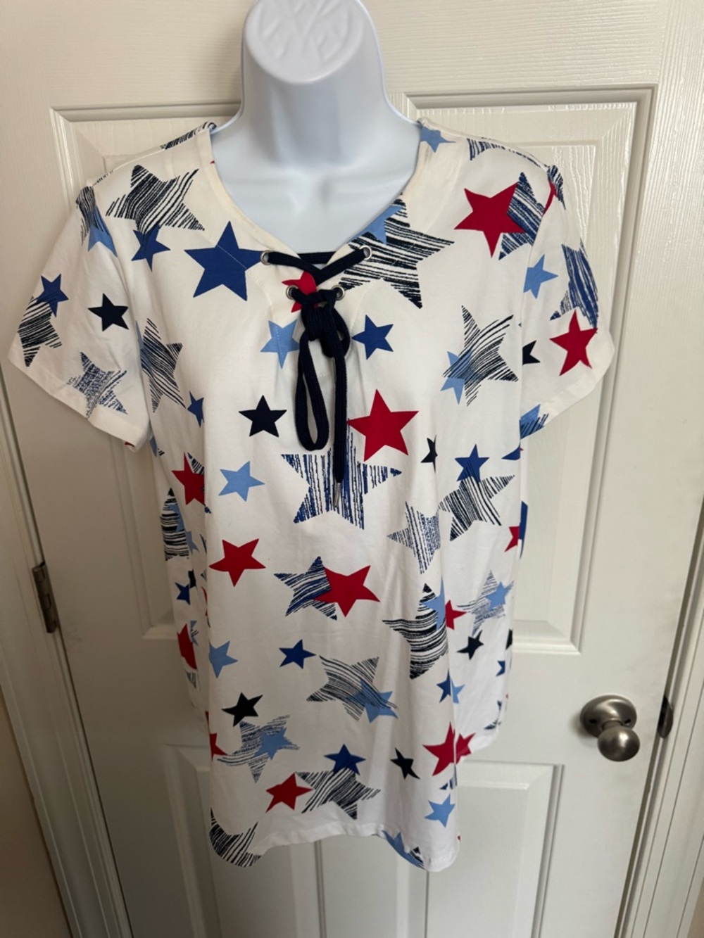Star Print Lace-Up Front Top - Red, Navy & Light Blue Stars Med patriotic USA